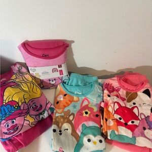 Bundle of 4 Girls Size Medium 7/8 Pajamas Set Squishmallow Trolls Care Bears